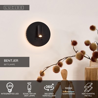 Lucide BENTJER - Bettlampe / Wandleuchte - Ø 14 cm - LED - 3000K - Schwarz